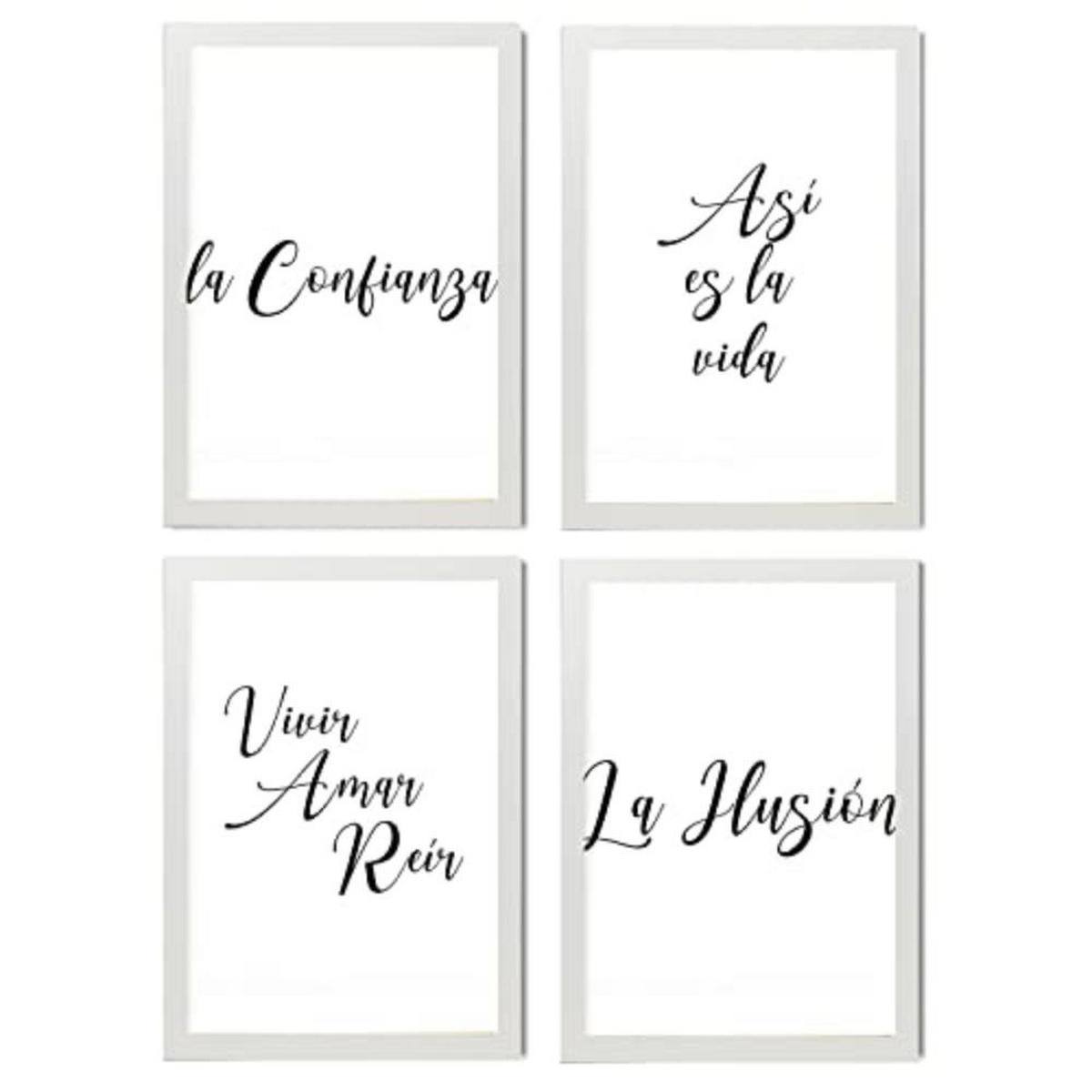 POSTER Set mit 4 Leben TypografieStil A4 Weißer Rahmen - Weiß, Papier (29.7/3cm) - Nacnic