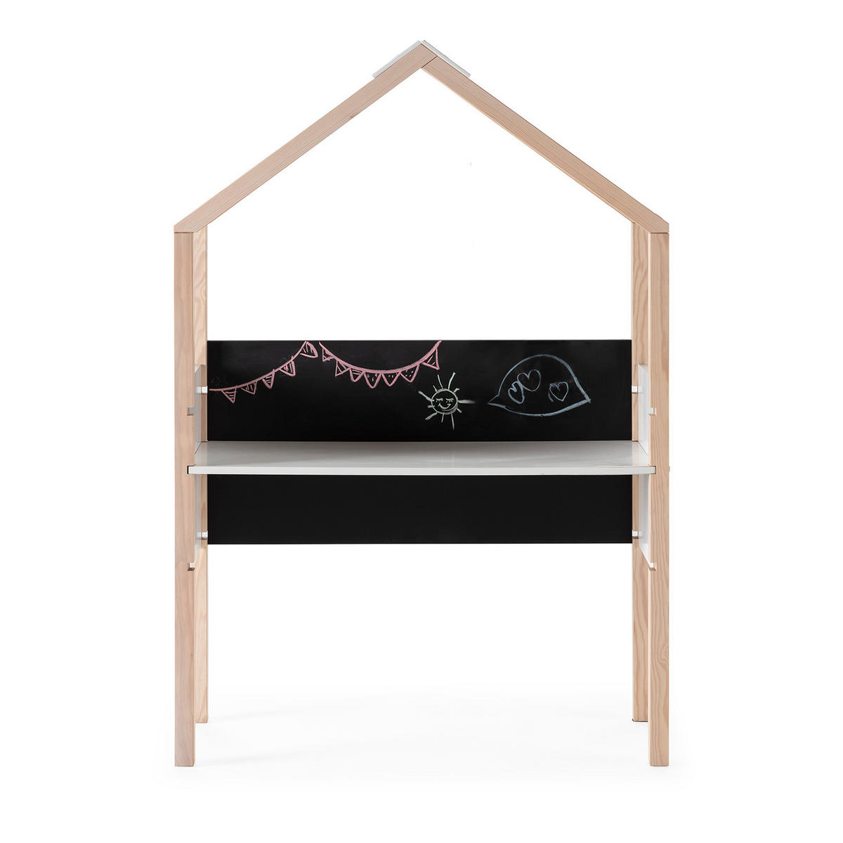 BÜRO mit Schiefertafel in Hausform, dekoriert in weißem Hochglanz und hellem Holz, L100 cm 40/100/155 cm - Weiß, Holz (40/155/100cm) - Calicosy