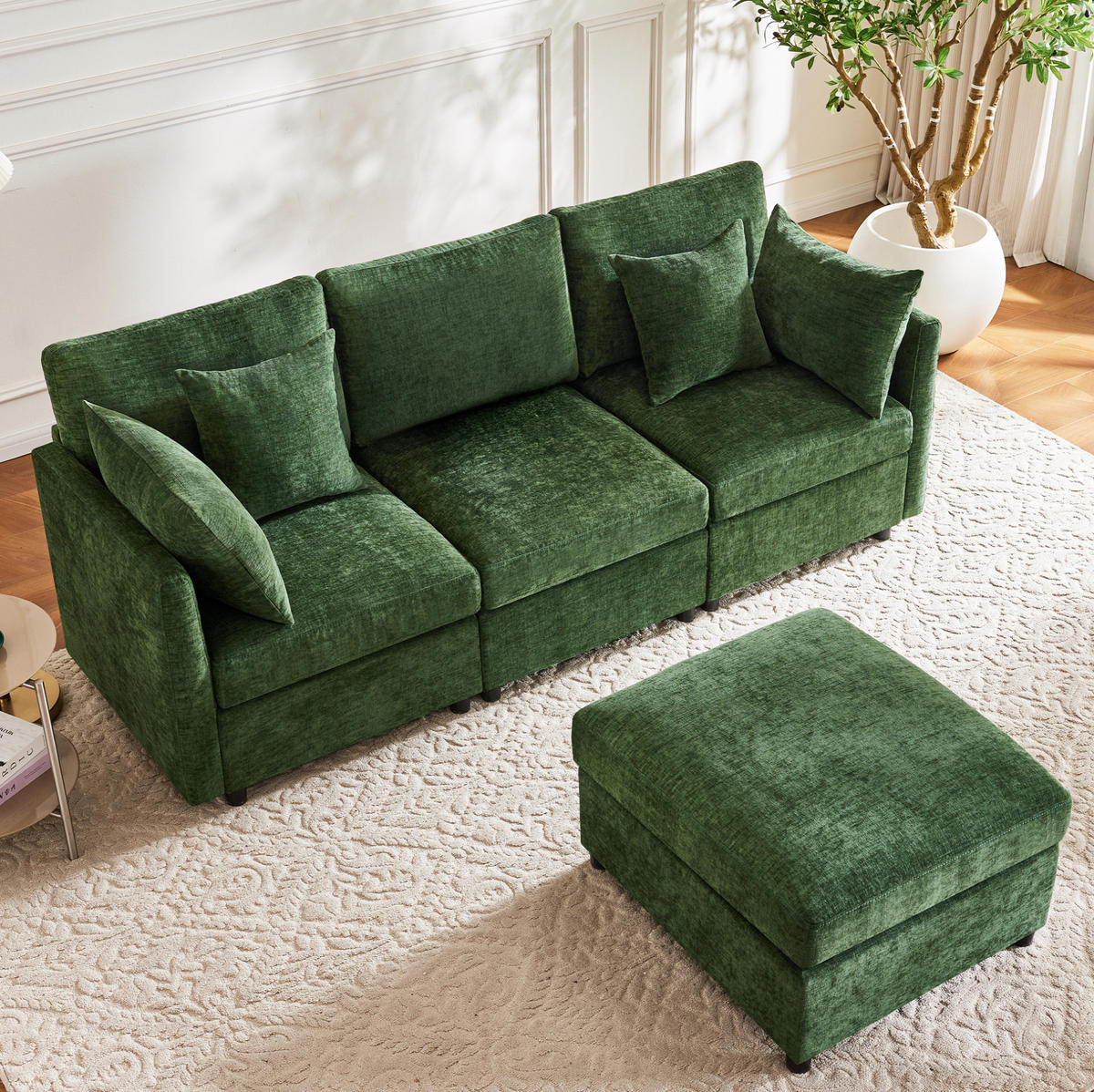 ECKSOFA 216/161/81 cm modular mit beweglichem Hocker und 4 Kissen aus Chenille, Grün - Grün, Textil (216/161cm) - Redom