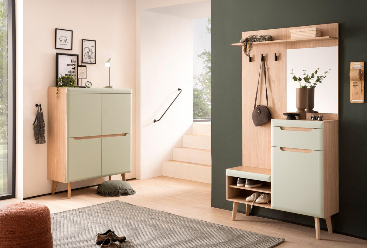 GARDEROBEN-SET 2-teilig Pistazie matt, Scandi Eiche, Garderobenkombination skandinavisch, 227 x 209 cm - Eichefarben/Pastellgrün, Glas/Holz (237/200/40cm) - Furn.Design