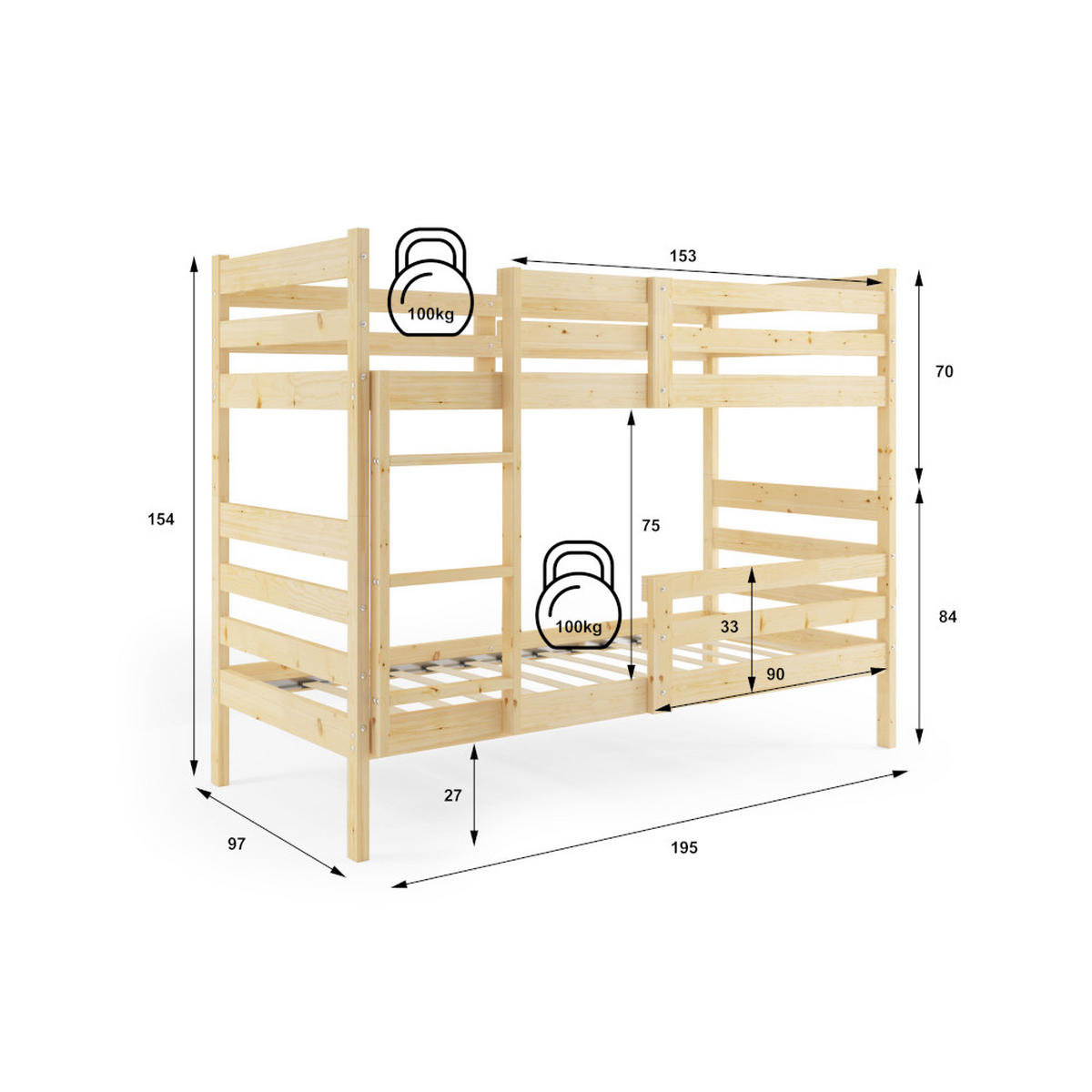 ETAGENBETT Erik aus Kiefernholz mit Rausfallschutz - Naturfarben, Holz (90/190cm) - Interbeds