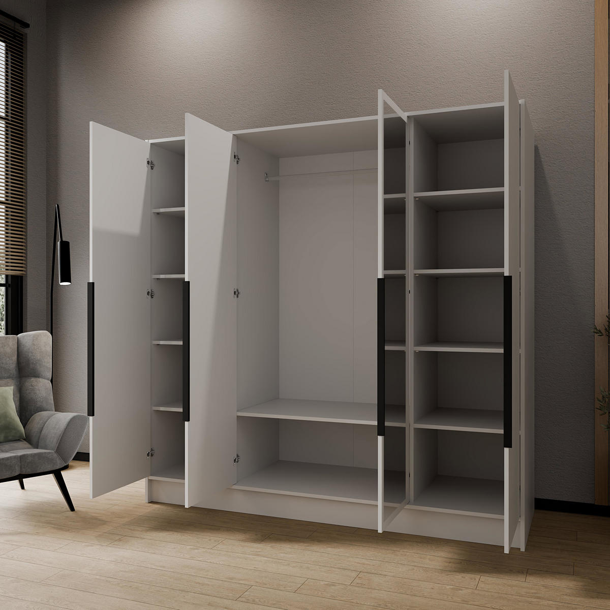 KLEIDERSCHRANK Mono Lux mit Speigel, Drehtüren mit Schwarze Metallgriffe, Weiß 200/200/51 cm - Schwarz/Weiß, Holzwerkstoff (200/200/51cm) - WFL GROUP