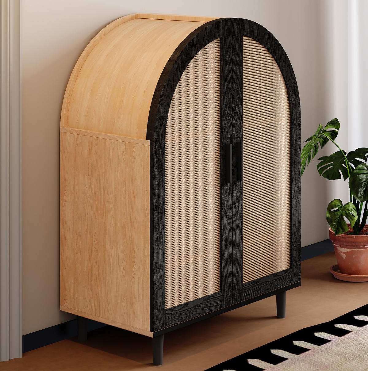 SCHUHSCHRANK für 12–15 Paar Schuhe, mit Rattantüren und Metallbeinen, 70/40/100 cm, Schwarz und Holz - Naturfarben, Holzwerkstoff (70/40/100cm) - Redom