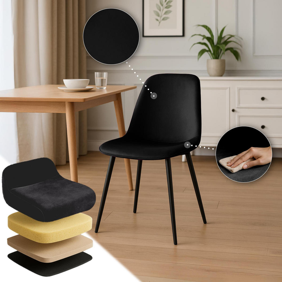ESSZIMMERSTUHL 4er Set Samt Schwarz - Schwarz, Textil/Metall (45/88/54cm) - CLP