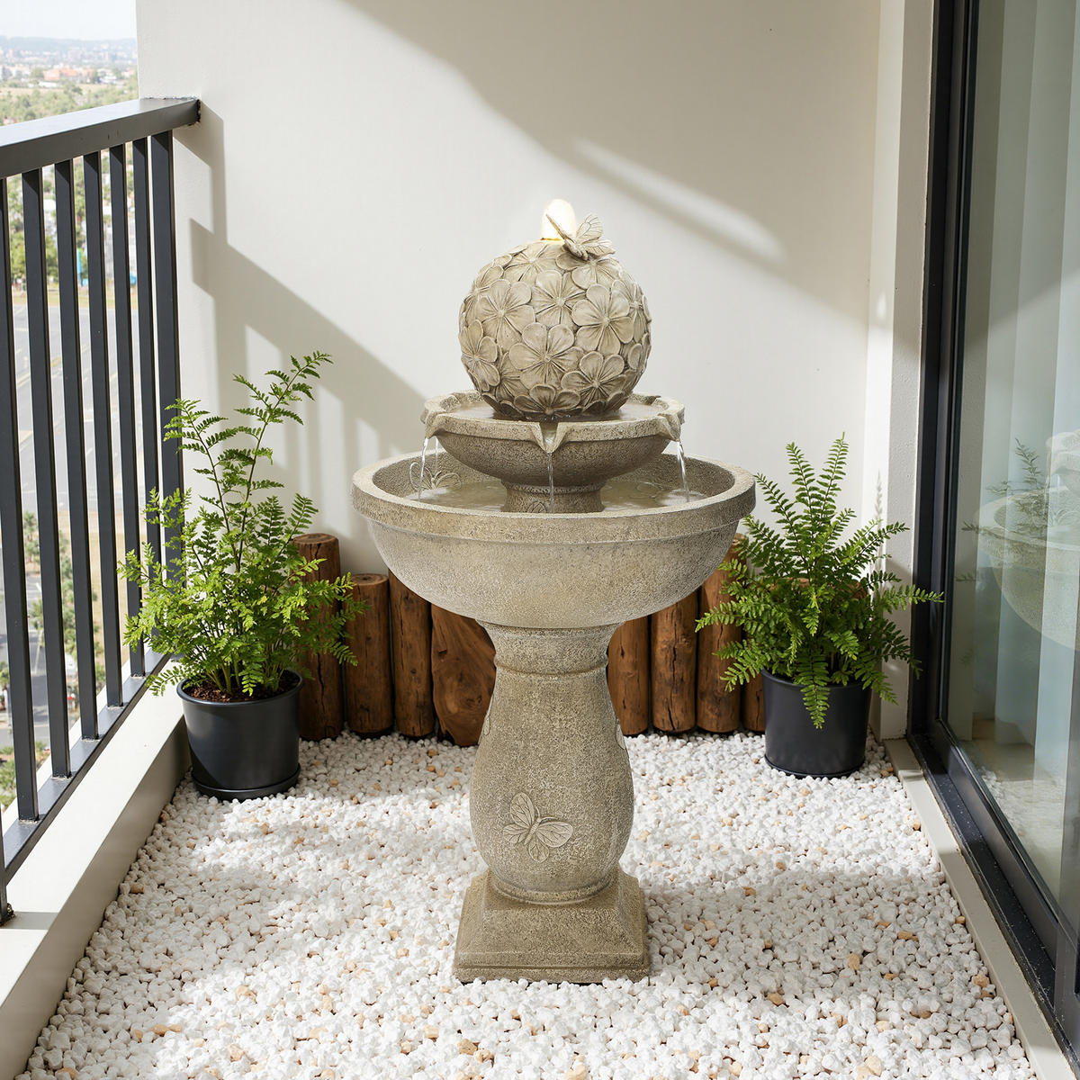 2-STUF. Polyresin-Gartenbrunnen, Vogeltränke+Schmetterling auf Kugel, 95cm, Garten/Balkon/Terrasse - Grau, Kunststoff (45/45/95cm)