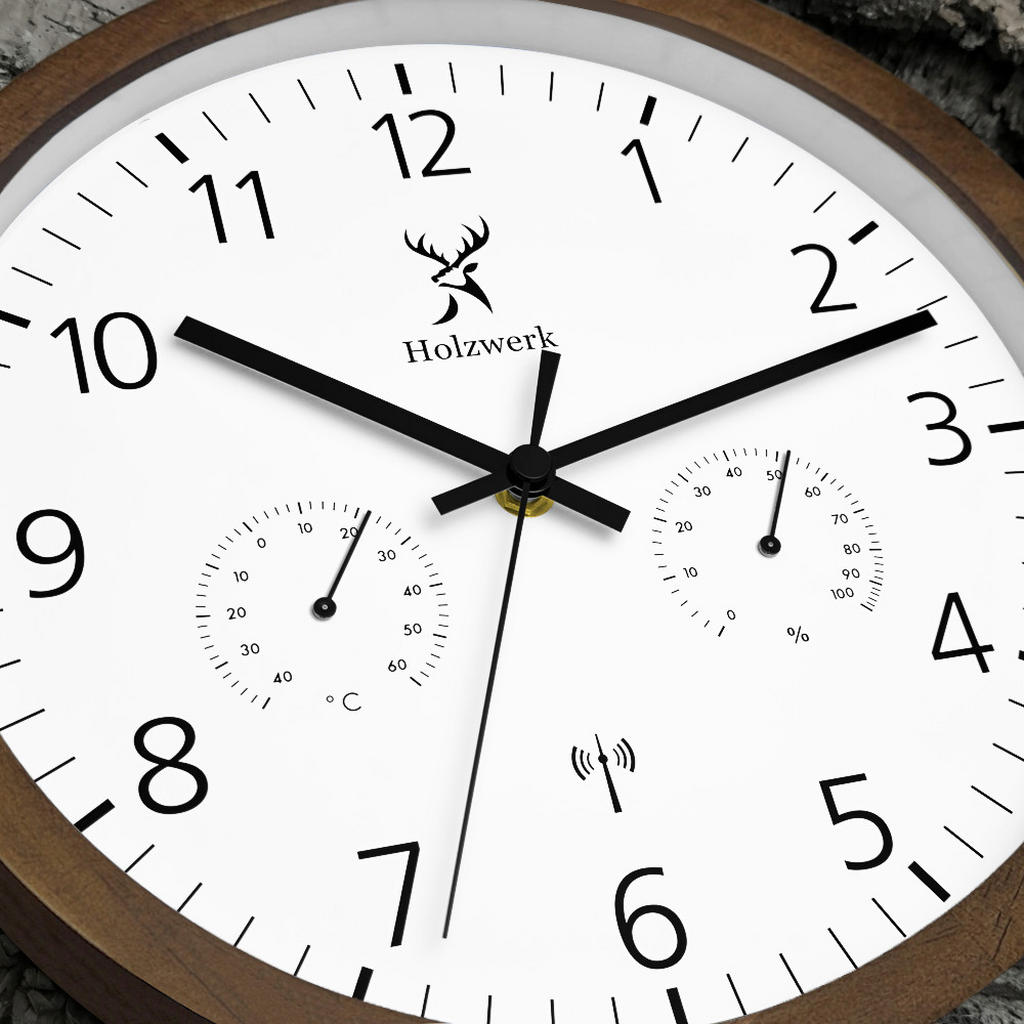 Thumbnail - Holzwerk Wanduhr, Dunkelbraun, Weiß, Schwarz, Holz, Glas, Metall, Holz Optik, Rund, 30x30x4.2 cm, CE, Thermo-Hygrometer,...