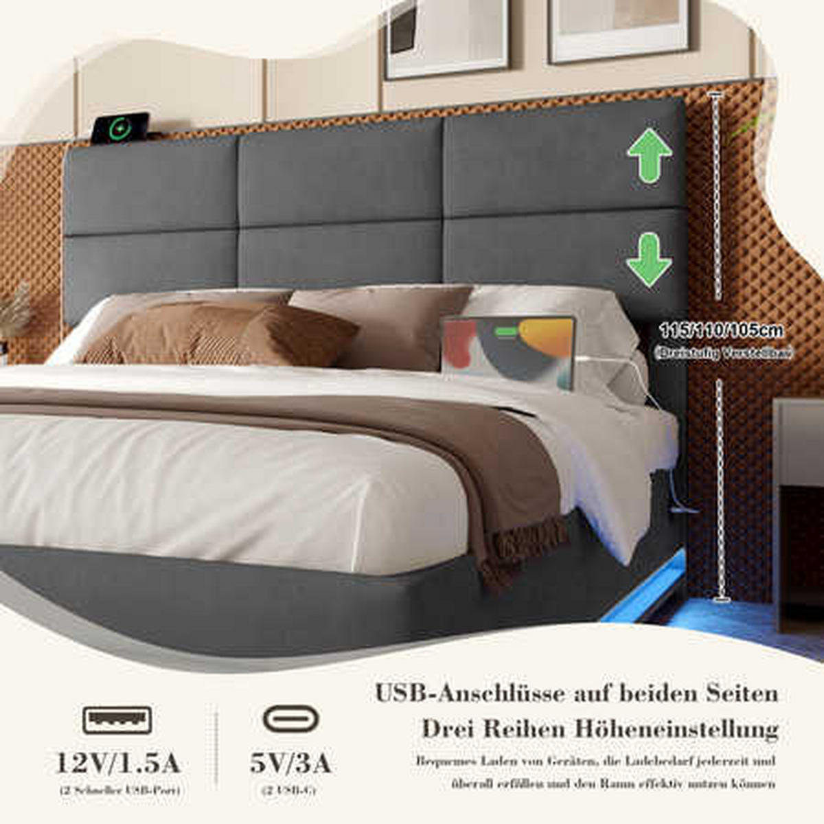 POLSTERBETT 140x200cm Dunkelgrau Velours mit höhenverstellbarem Kopfteil, dimmbarer LED, USB/Type-C und hydraulischem XXL-Stauraum - Dunkelgrau, Textil (140/200cm) - Luhomfu