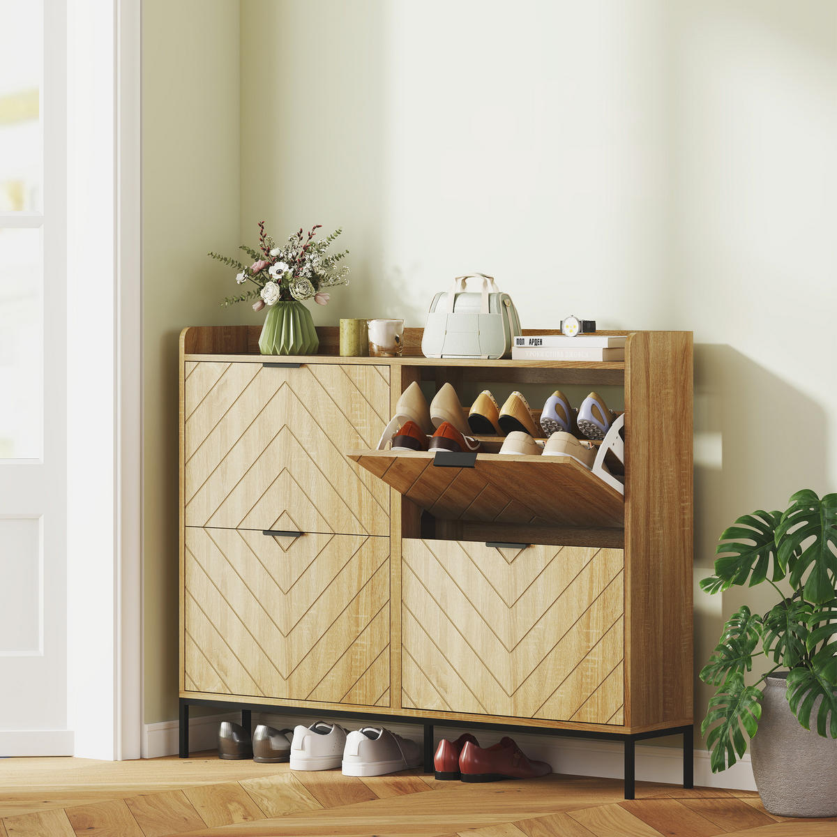 SCHUHSCHRANK Eichefarben Holzwerkstoff mit 4 Klappen platzsparend 1 Stück - Naturfarben, Holzwerkstoff (110/95.5/23.5cm) - PANGIVO