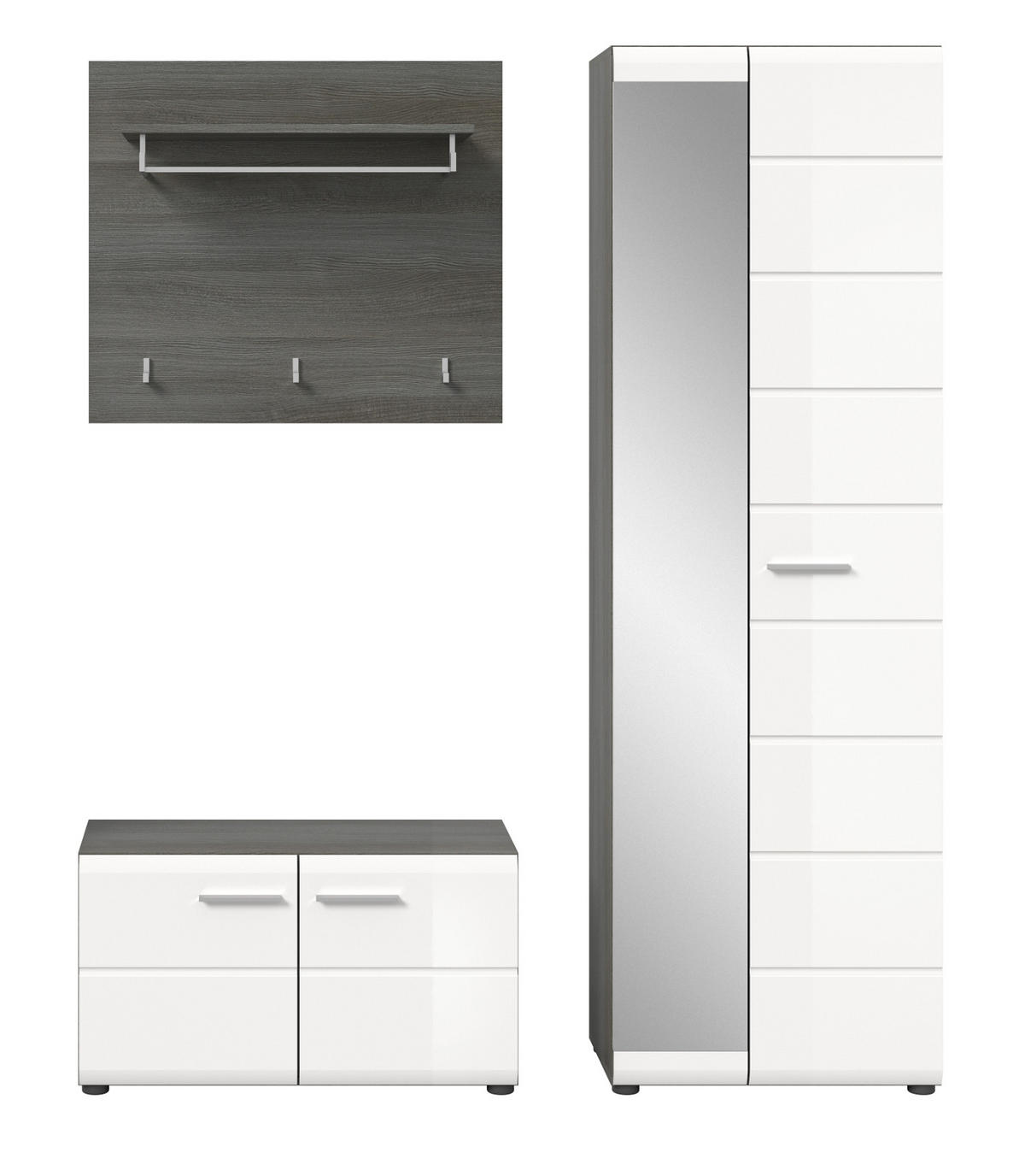 GARDEROBE Set 3-teilig weiß Hochglanz, grau 155 cm, Komplettset mit viel Stauraum - Weiß Hochglanz/Silberfarben, Glas/Holzwerkstoff (155/192/37cm) - Inn.Furn