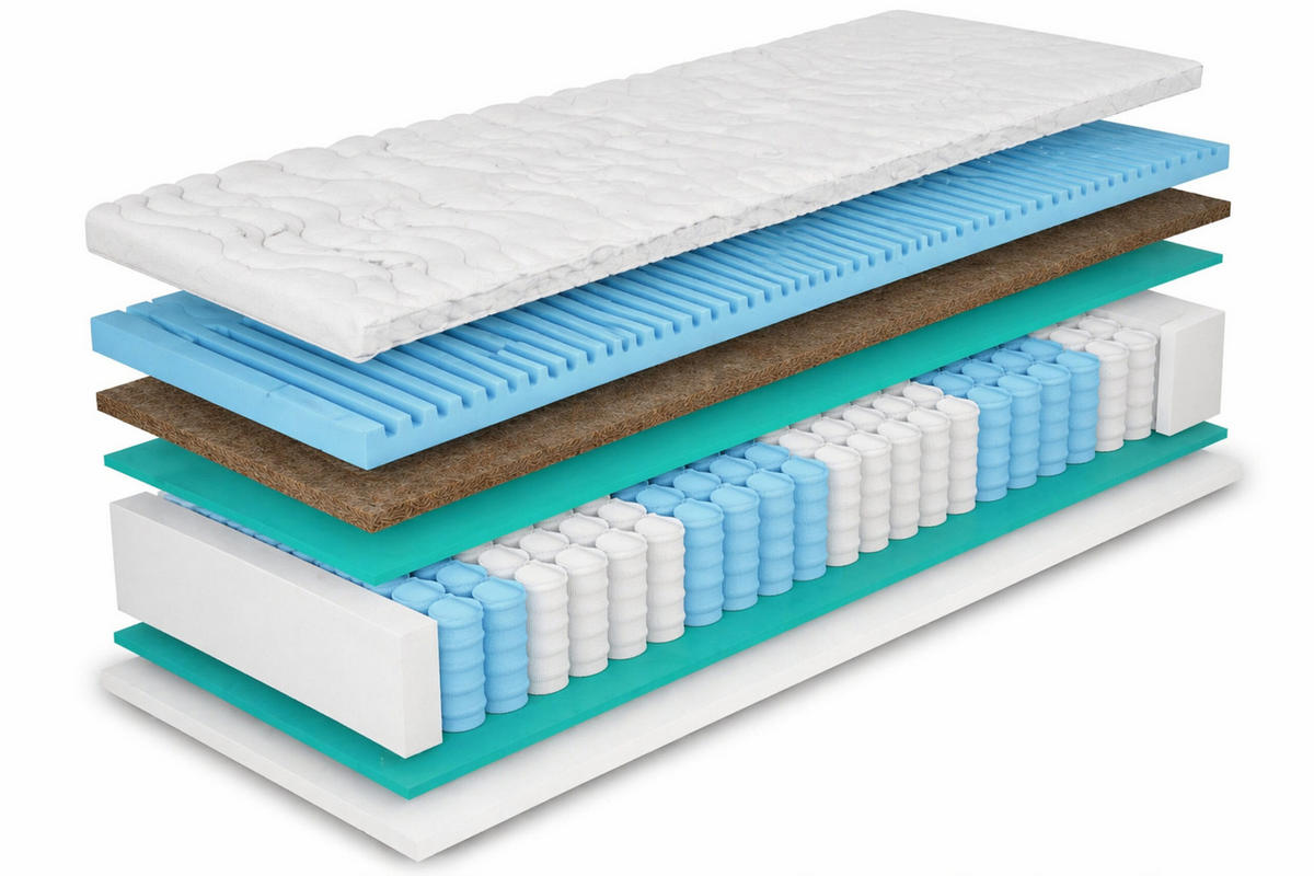 TASCHENFEDERKERNMATRATZE Premium-Kokos 200x200x21 cm, 7 Zonen, Härtegrad H3/H4, Farbe: Weiß, inkl. Bezug - Weiß, Textil (200/200cm) - Marpur