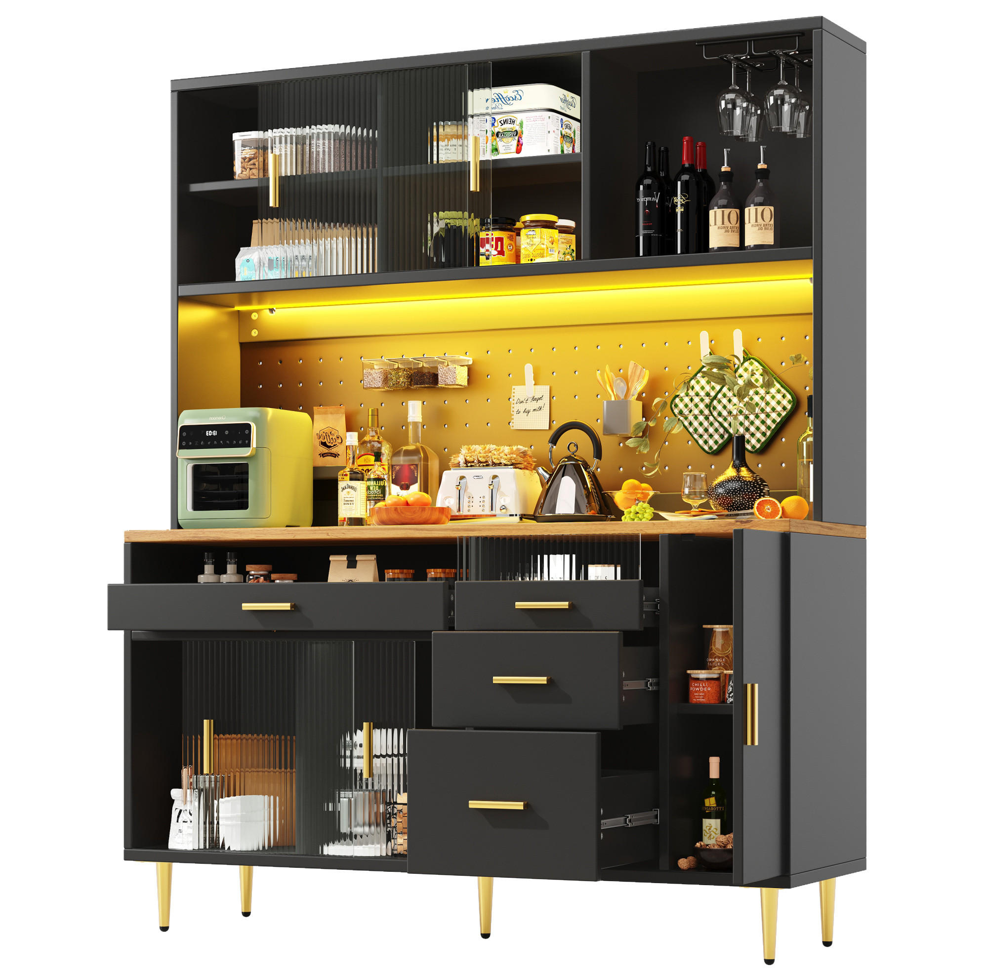 BUFFET 145/39/171 cm aus MDF und Glas mit LED-Beleuchtung und Glasschiebetüren Schwarz - Schwarz, Holzwerkstoff (145/171/24cm) - Modenvie