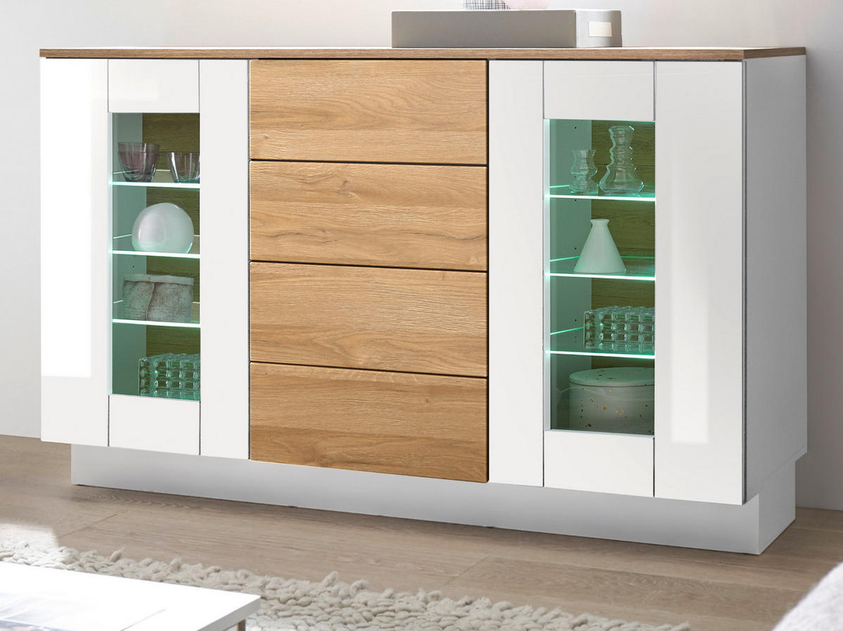 SIDEBOARD weiß Hochglanz, Grandson Eiche, Kommode 136 x 85 cm - Weiß Hochglanz/Eichefarben, Holzwerkstoff (136/85/43cm) - Furn.Design