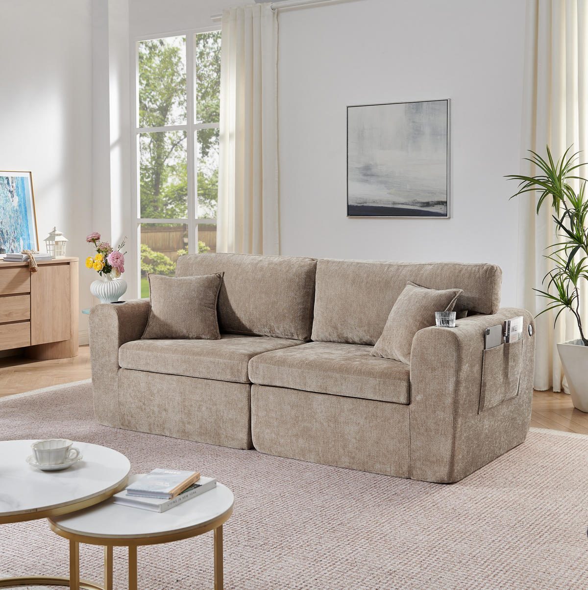 SOFA 2-Sitzer mit Getränkehalter Chenille Brown - Braun, Kunststoff (220/89/100cm) - Meubliv