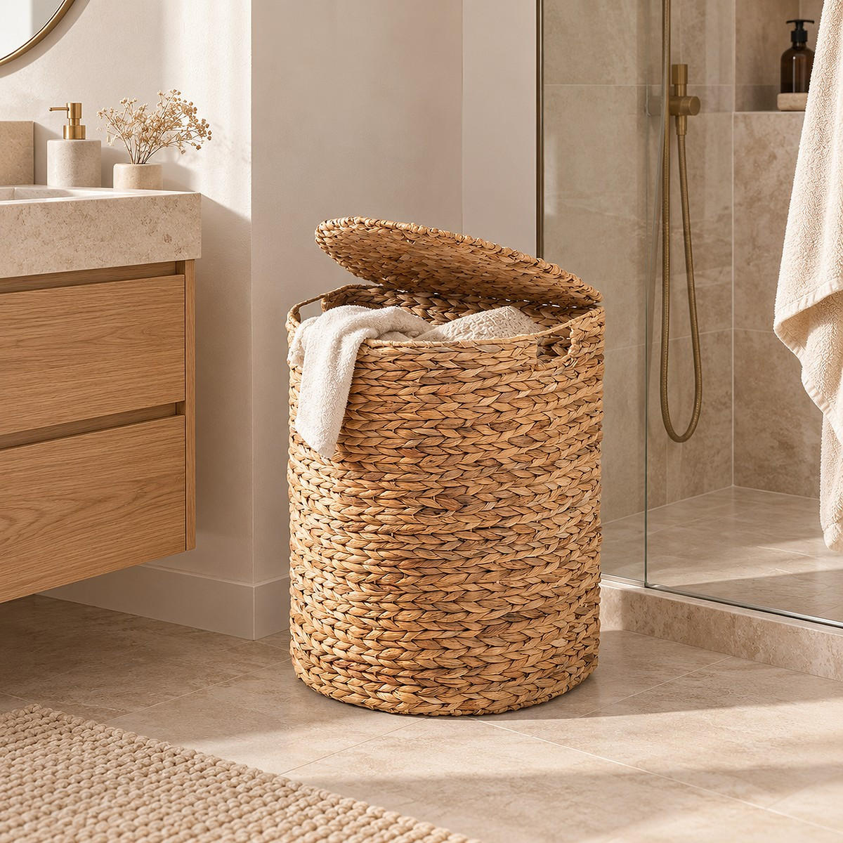 HALBMONDFÖRMIGER Wäschekorb aus Wasserhyazinthe mit Deckel 32/55/45 cm - Beige, Naturmaterialen (32/55/45cm) - Calicosy