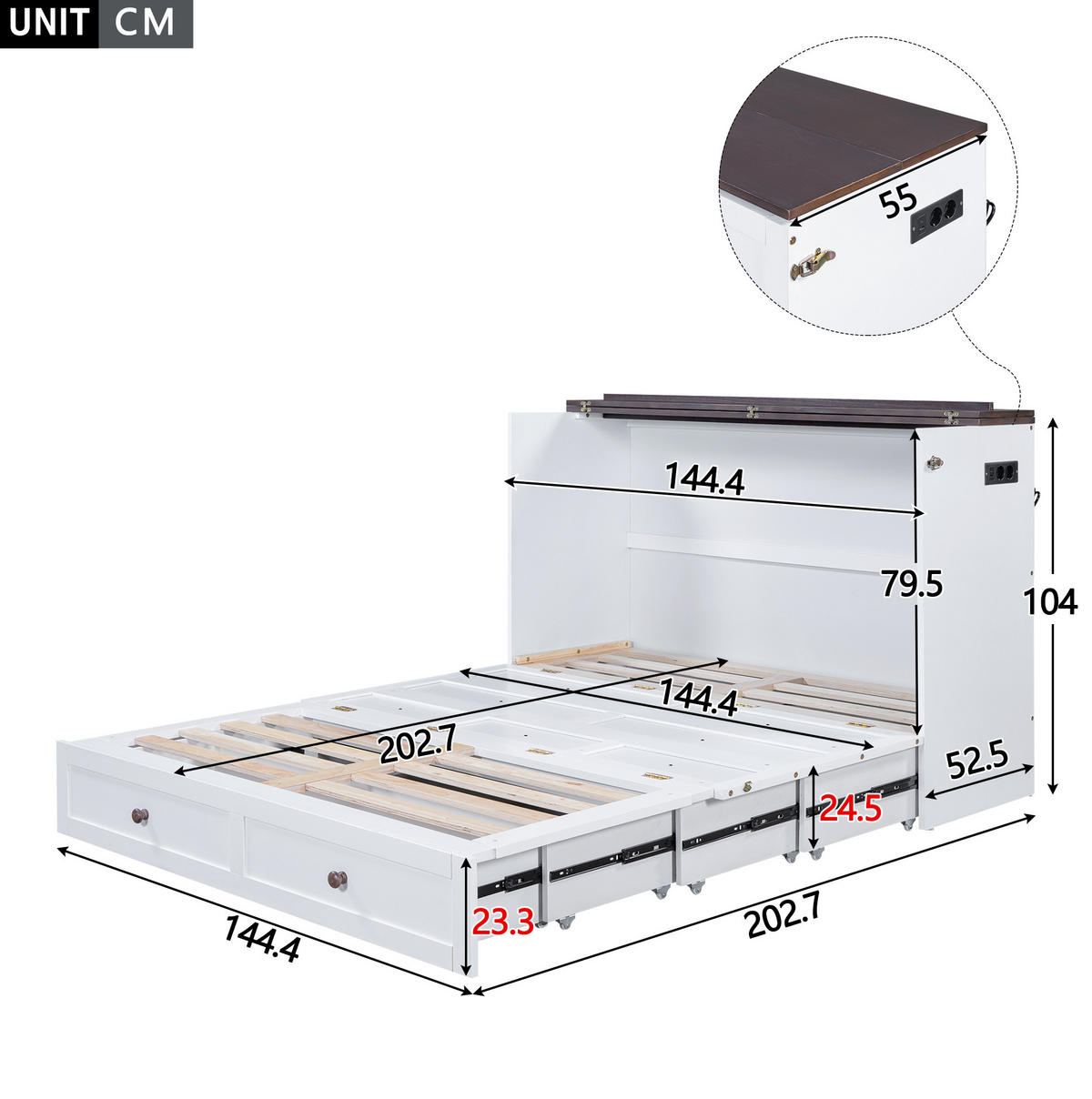 POLSTERBETT aus Kiefernholz und MDF 140x200 cm in Weiß mit USB & Steckdose - Weiß, Holz (140/200cm) - Modfu