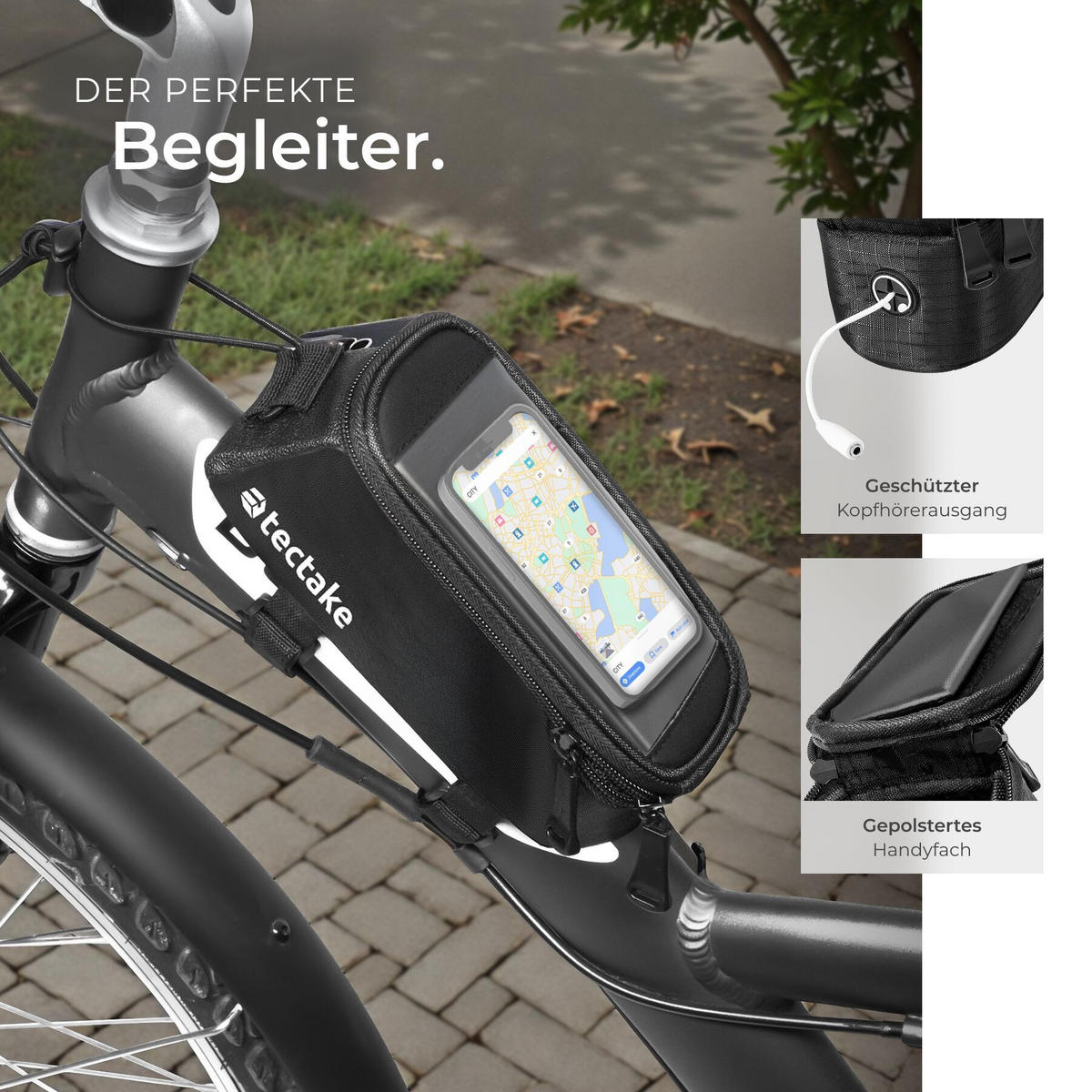 FAHRRADTASCHE Georg mit Fahrradrahmentasche, wasserabweisend und robust, schwarz - Schwarz, Textil (8.5/8.5/18cm) - tectake