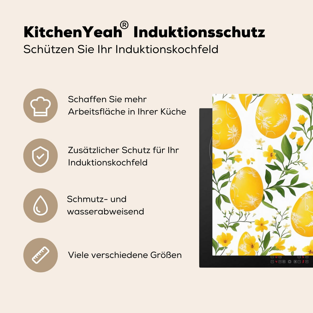 HERDABDECKPLATTE Blumen - Ostereier - Gelb Ceranfeldabdeckung 76x51.5 cm - Gelb, Kunststoff (76/51.5/0.2cm) - MuchoWow