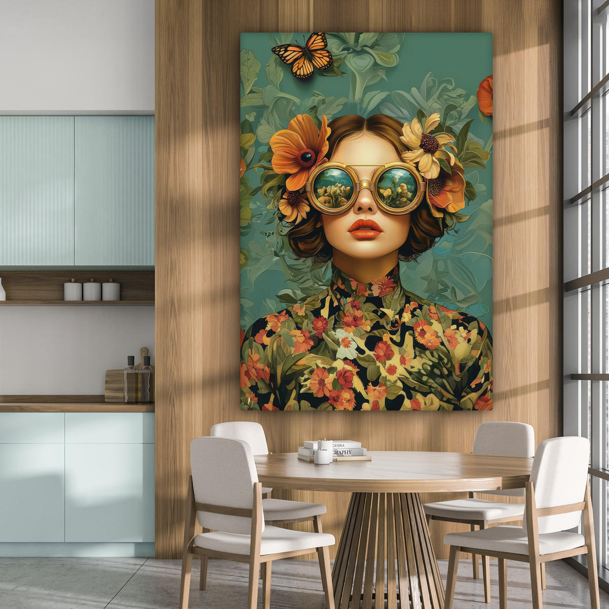 LEINWANDBILD Frau - Blumen - Schmetterlinge - Natur - Vintage Deko Groß 90x140 cm - Salbeigrün, Textil (90/140cm) - MuchoWow