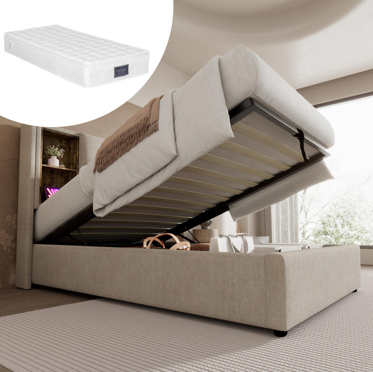 POLSTERBETT 90/200 cm aus Leinen mit kabelloser Ladefunktion, USB-C, Bettkasten und Matratze, Natur - Naturfarben, Textil (90/200cm) - Redom