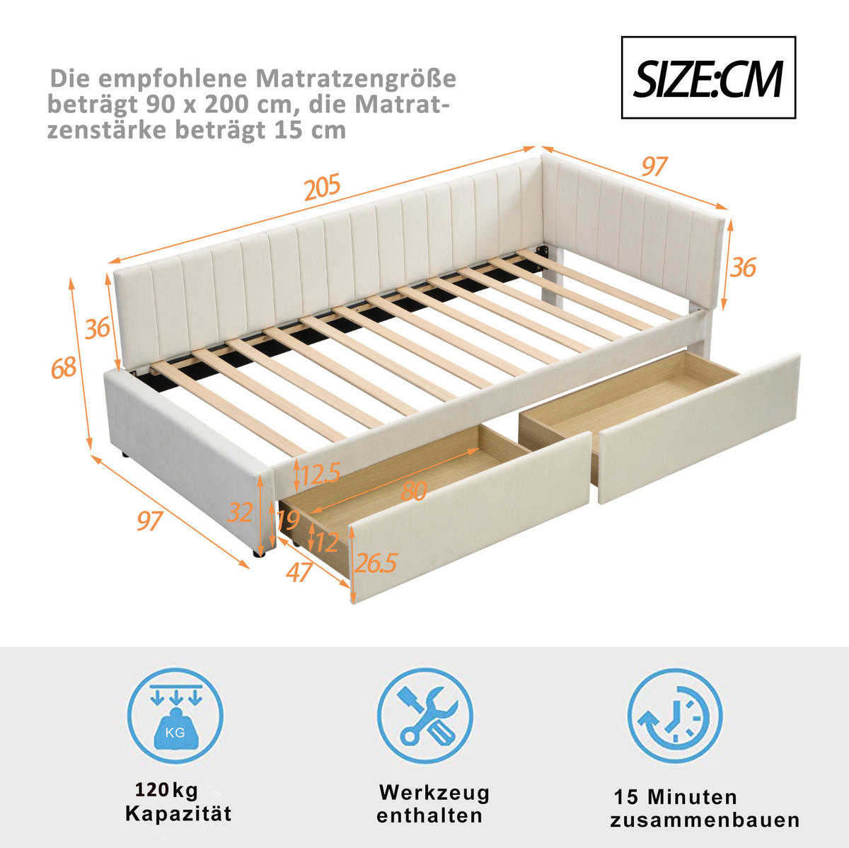 POSTEĽ 90/200 cm, béžová, čalúnená s 2 úložnými zásuvkami a roštom - béžová, koža (90/200cm) - BEAOK