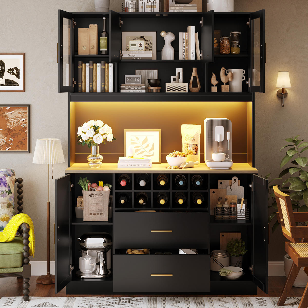 KÜCHENSCHRANK 120x36.3x180Cm LED Steckdose 6 Türen - Schwarz, Metall (120/180/36.3cm) - FLIEKS