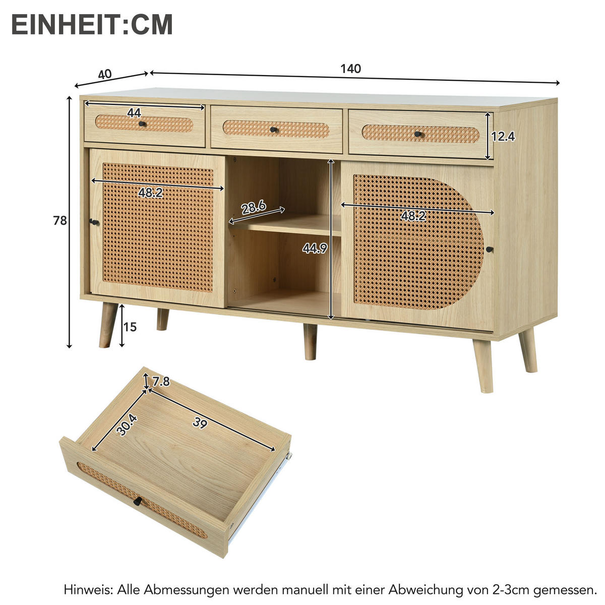 SIDEBOARD, 3 Schubladen, Schiebetüren, Holz, 140cm - Eichefarben, Holzwerkstoff (40/78/140cm) - FLIEKS