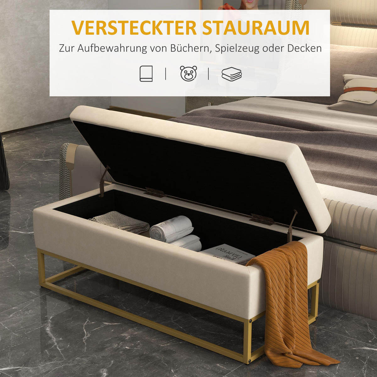 SITZBANK, Polsterbank, Bettbank, Beige - Beige, Kunststoff/Metall (44/49/110cm) - HOMCOM