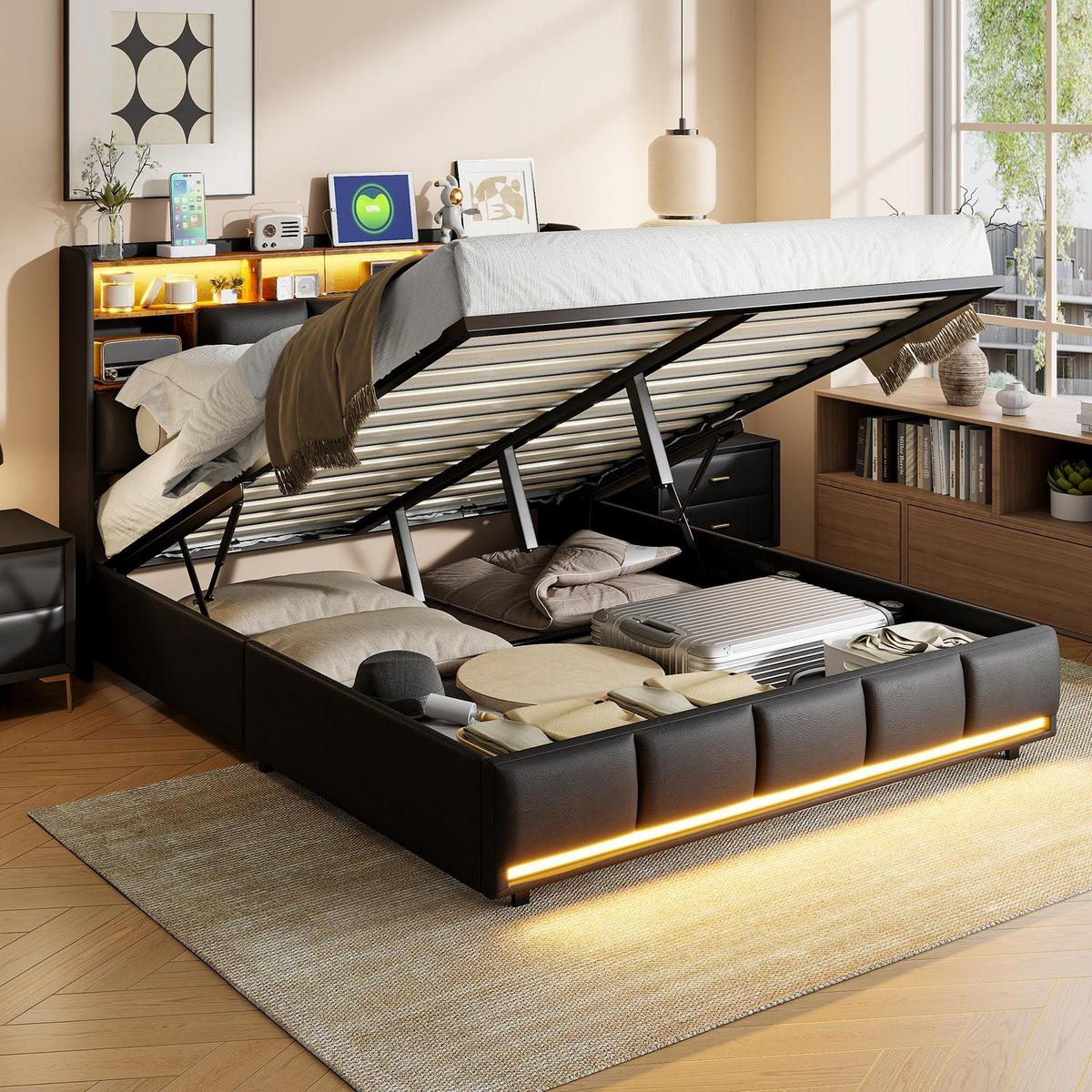 POLSTERBETT 140x190cm Polsterbett mit LED-Beleuchtung und Stauraum – Schwarz PU - Schwarz, Textil (140/190cm) - DELFA