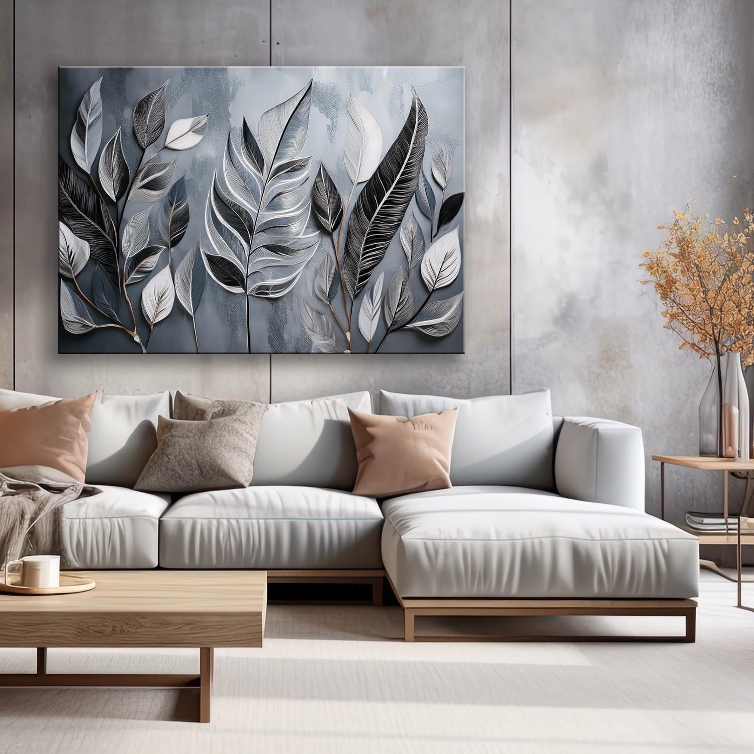 WANDBILD minimalismus silberblätter natur botanik - Silberfarben, Textil (60/40cm) - Feeby