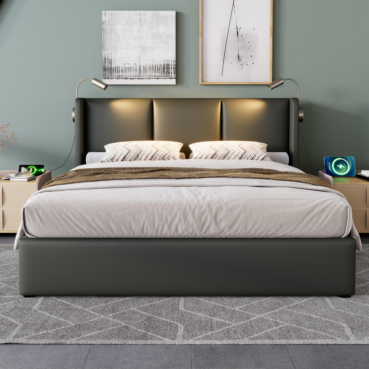 POLSTERBETT 160/200 cm grau mit Stauraum und Leselicht - Grau, Kunststoff (160/200cm) - OKWISH