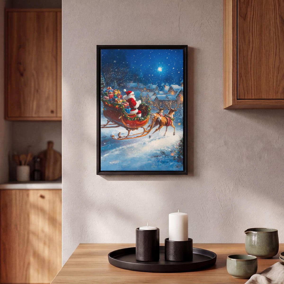 LEINWAND Bilder mit Rahmen - Weihnachtsmann - Rentier - Weihnachten - Schnee - 20x30 - Cognac, Textil (20/30cm) - MuchoWow