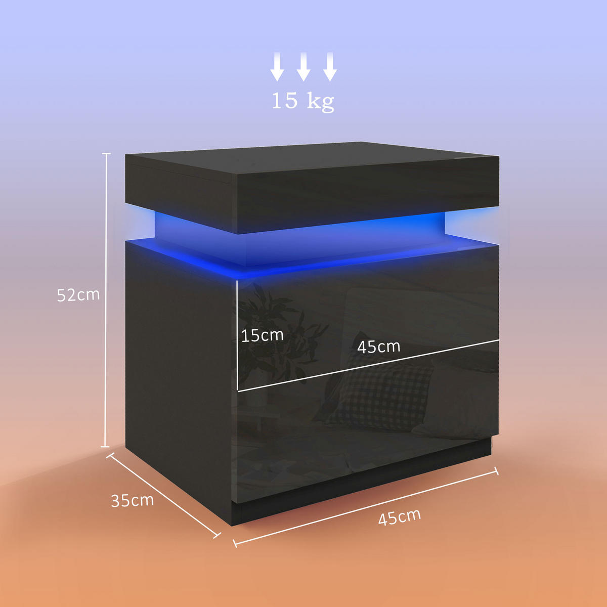 NACHTSCHRANK DE-12861 LED-RGB-Beleuchtung, Hochglanz Schwarz - Schwarz, Holzwerkstoff (35/52/45cm) - ComfortXL