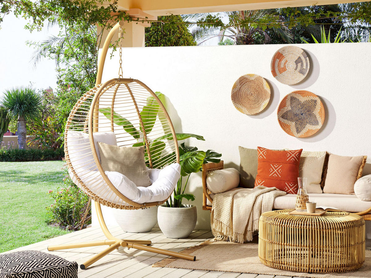 HÄNGESESSEL mit Gestell Flechtseil beige 98/100 cm Arco - Beige, Textil (100/197/98cm) - Beliani