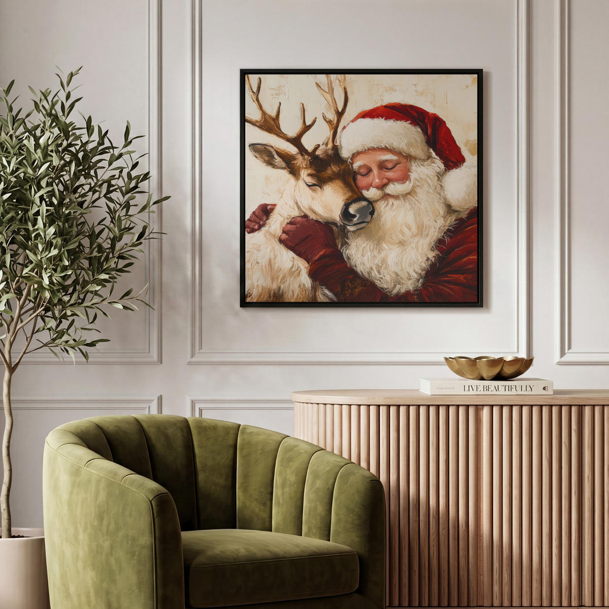 LEINWAND Bilder mit Rahmen - Weihnachtsmann - Rentier - Weihnachten - 50x50 - Rotbraun, Textil (50/50cm) - MuchoWow
