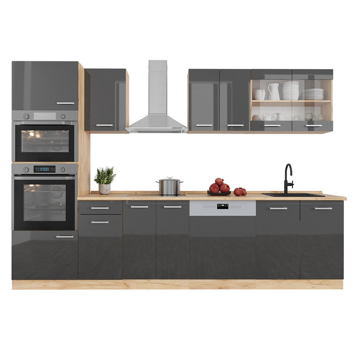 PENTRY R-Line Antracit högblank/Goldkraft ek 300 cm med högskåp, AP ek - Honungsek/Svart högglans, Träbaserade material (300/206.8/60cm) - Vicco