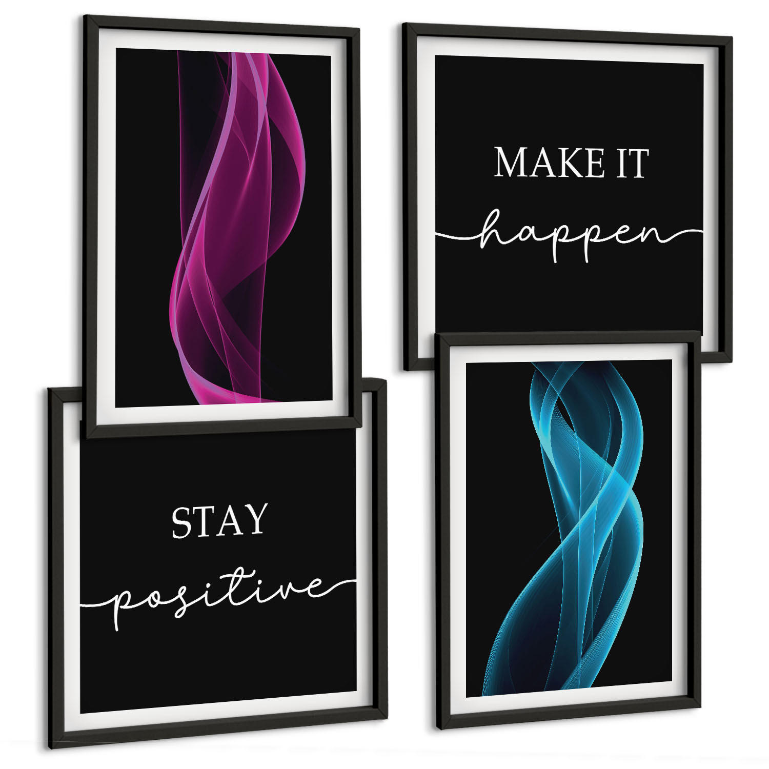 BILDER SET 4er Set - 50x50 cm & 40x60 cm Schwarzer Rahmen - Neonlinienwellen im Hintergrund - Schwarz, Kunststoff (50/50cm) - TULUP