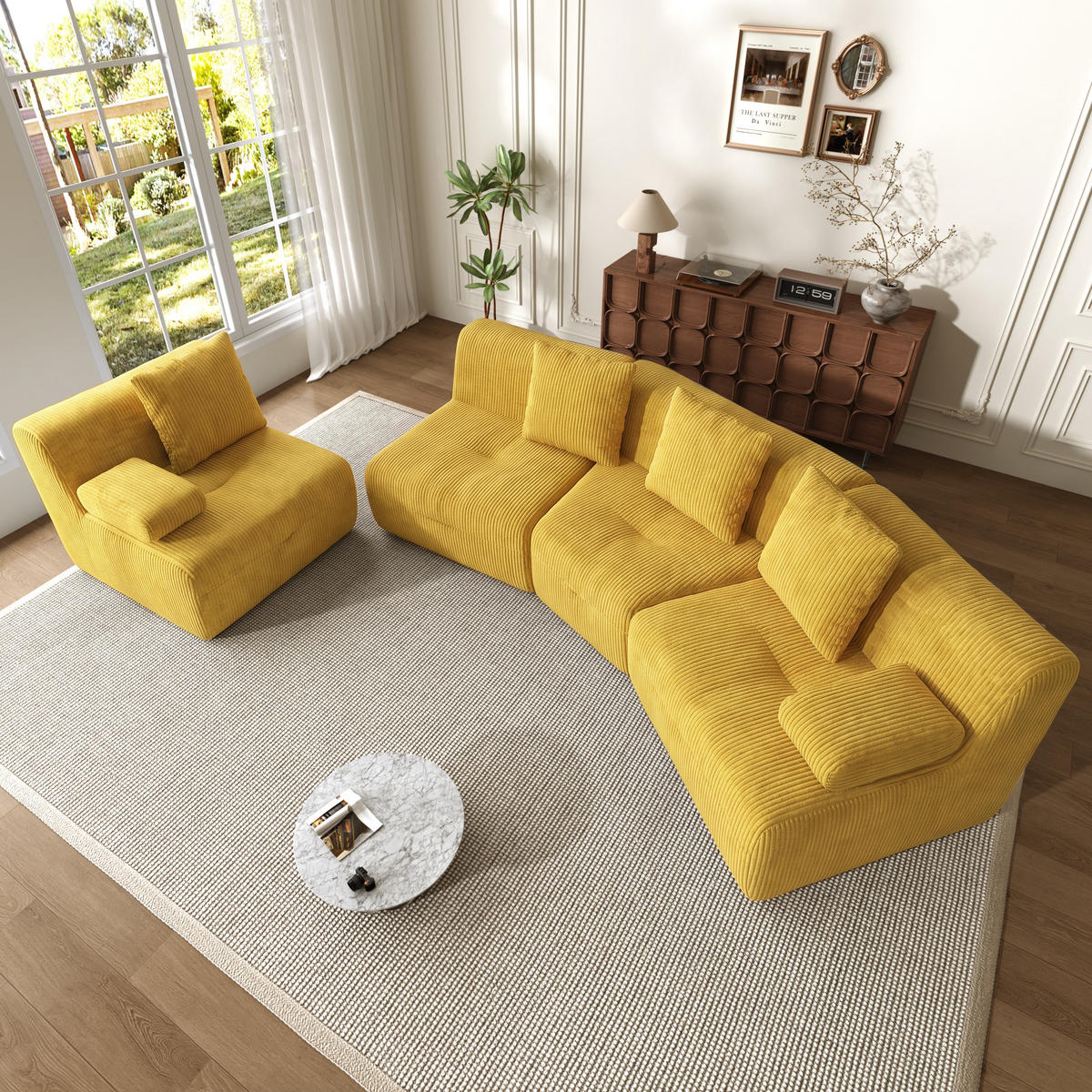 4-SITZER-SOFA modular Cord Kompression, DE-42936, Yellow - Gelb, Textil (311/65/90cm) - ComfortXL