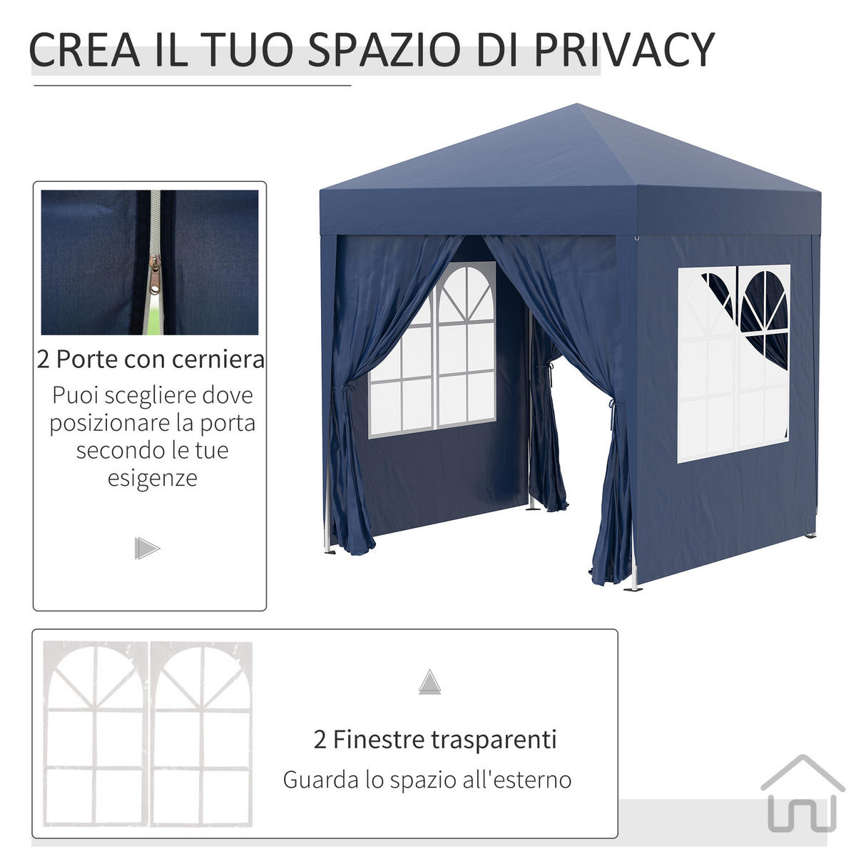 PAVILLON mit 4 abnehmbaren Wänden, Faltbar ,Blau,2x2m - Blau, Metall (2/2.4/2cm) - Vallsero