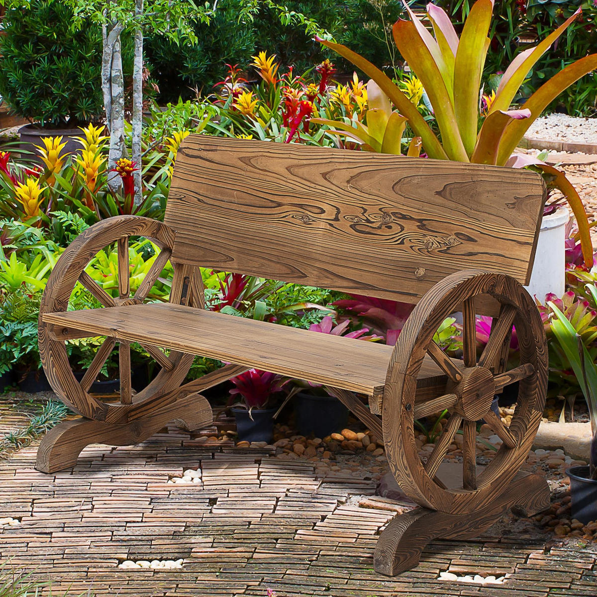 GARTENBANK 2-Sitzer DE-08300 mit Wagenrad-Armlehnen Braun - Dunkelbraun, Holz (114/80/58cm) - ComfortXL