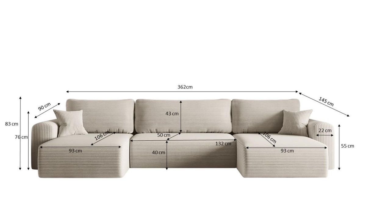ECKSOFA Mit Schlaffunktion Und Bettkasten U-form CAPRI Poso Ecru - Ecru, Holz/Textil (145/362cm) - Kaiser Möbel