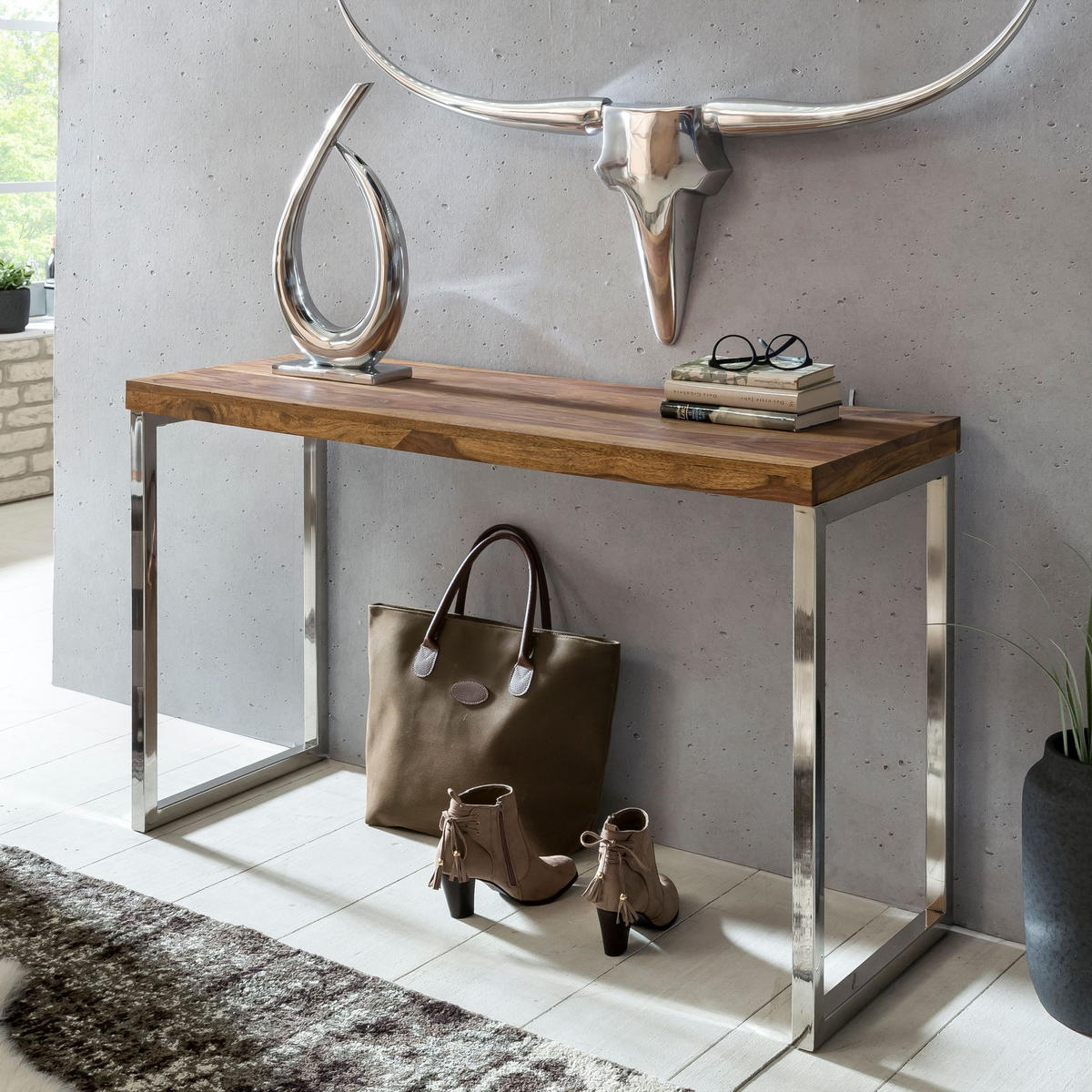 KONSOLENTISCH Massivholz Chromgestell Handgefertigt ISEN, Braun 120x45x77 cm - Silberfarben/Braun, Holz/Metall (45/120/77cm) - KADIMA DESIGN