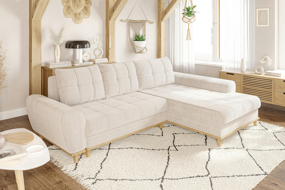 ECKSOFA im Scandi-Stil, Schlaffunktion, Bettkasten B268/T175/H86 cm, Ottomane rechts, Liegefl. 128x209 cm, Bouclé Chenille Stoff in Beige / 21013 - Eichefarben/Beige, Holz/Textil (268/175cm) - luma-home