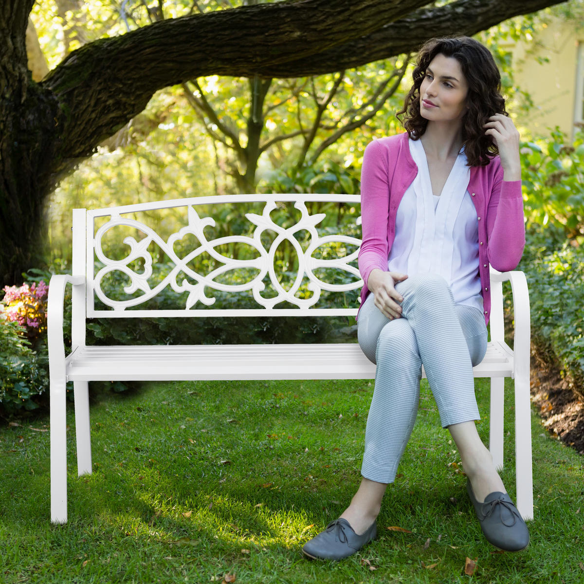 GARTENBANK - Weiß, Metall (124.5/78/58cm) - Relaxdays