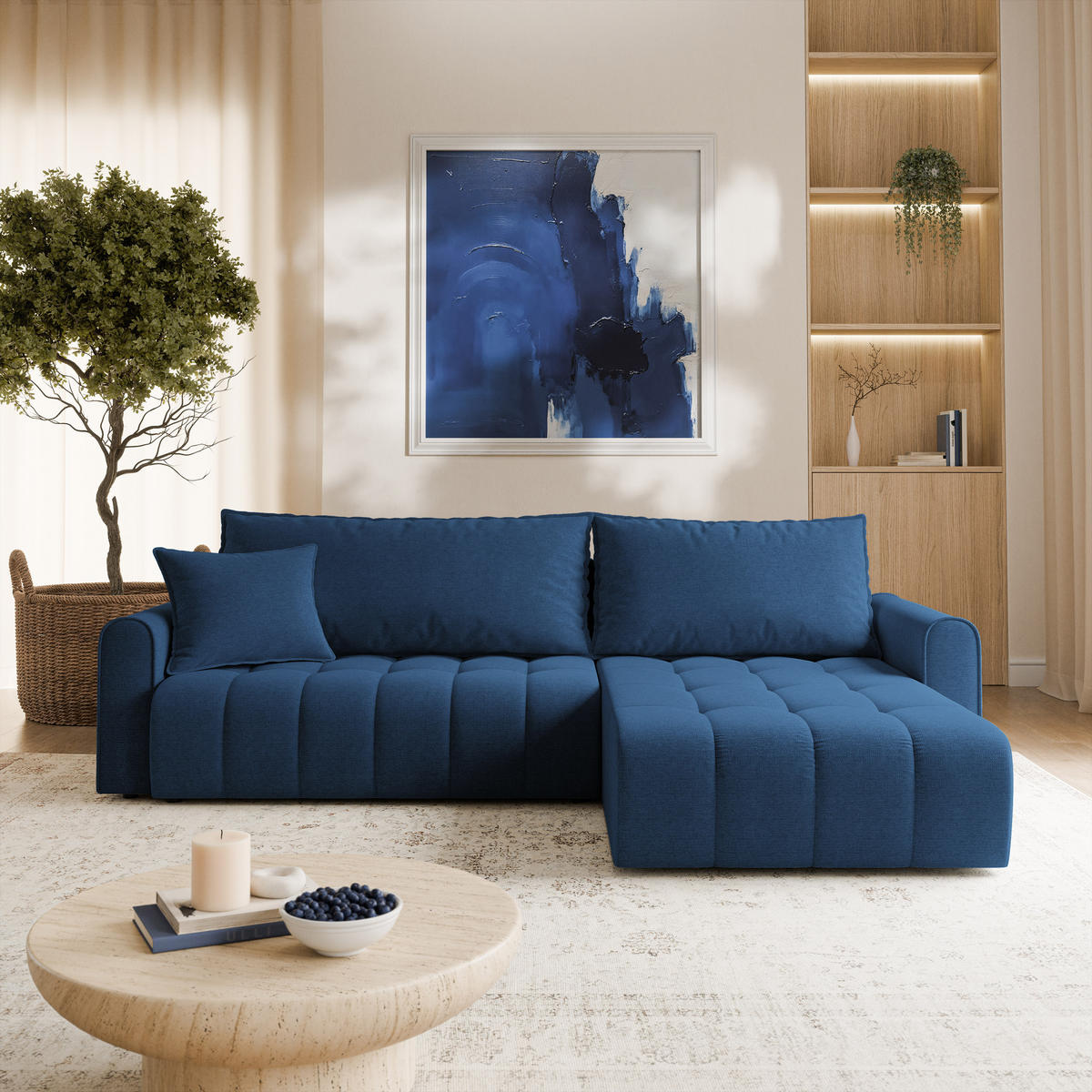 ECKSOFA FRIGA Blau Strukturstoff mit Schlaffunktion - Blau, Holz (283/185cm) - MASSENO