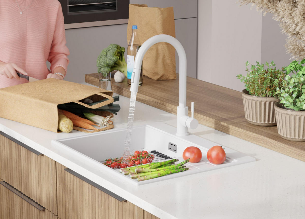 SPÜLBECKEN Sydney, 2-er set Weiß 62/50 cm 1 Becken + Ablauf-Set + Küchenzubehörset ab 45er Unterschrank - Chromfarben/Beige, Kunststoff (62/20/50cm) - Primagran