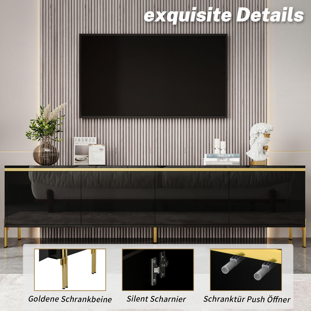 TV-STÄNDER Hochglanz 4 Türen Stauraum Kabelschnittstelle Goldkante - Schwarz, Holzwerkstoff (38/50/170cm) - FLIEKS