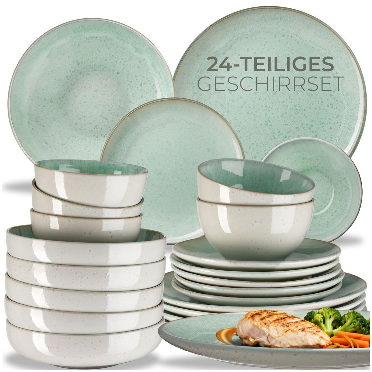 TAFELSERVICE Mare, ineinander stapelbar, Mint - Mintgrün, Keramik (26.5/2.5/26.5cm) - tectake