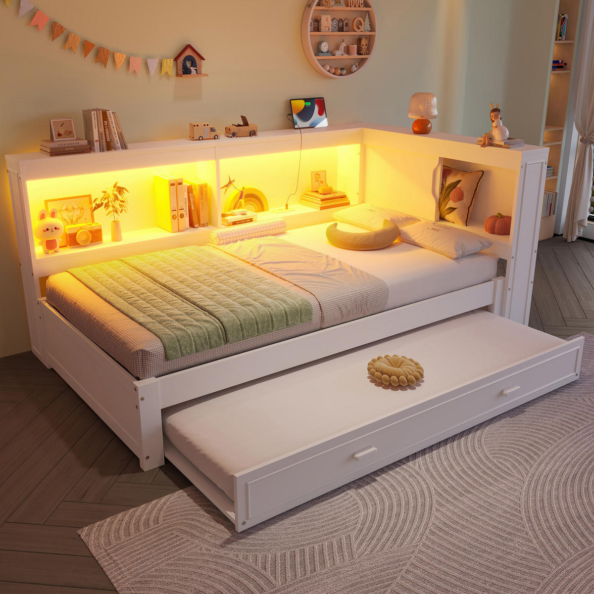 TAGESBETT 90/200 cm mit Ausziehbett, LED-Beleuchtung, USB, Typ-C und Steckdose, Kiefern , Weiß - Weiß, Holzwerkstoff (90/200cm) - Redom