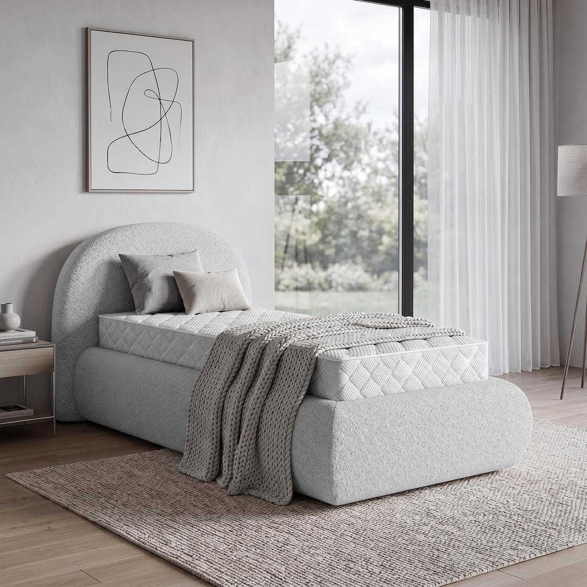 POLSTERBETT Motti 90x200, Einzelbett mit Bettkasten und Taschenfedernmatratze 20 cm, Hellgrau - Hellgrau, Holzwerkstoff (90/200cm) - Beautysofa