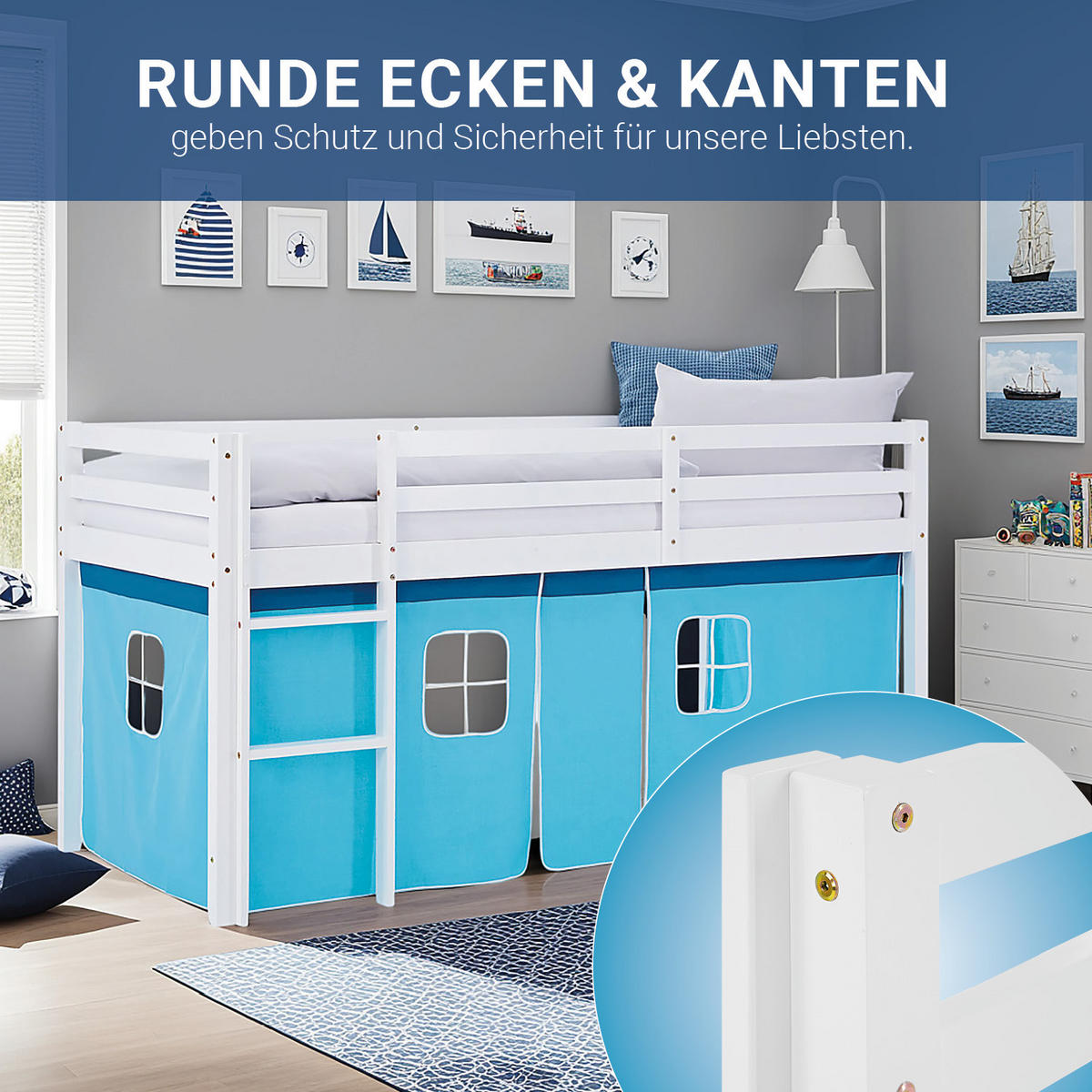 HOCHBETT 90/200 cm in weiß Bettvorhang blau - Blau/Weiß, Holz - Homestyle4u